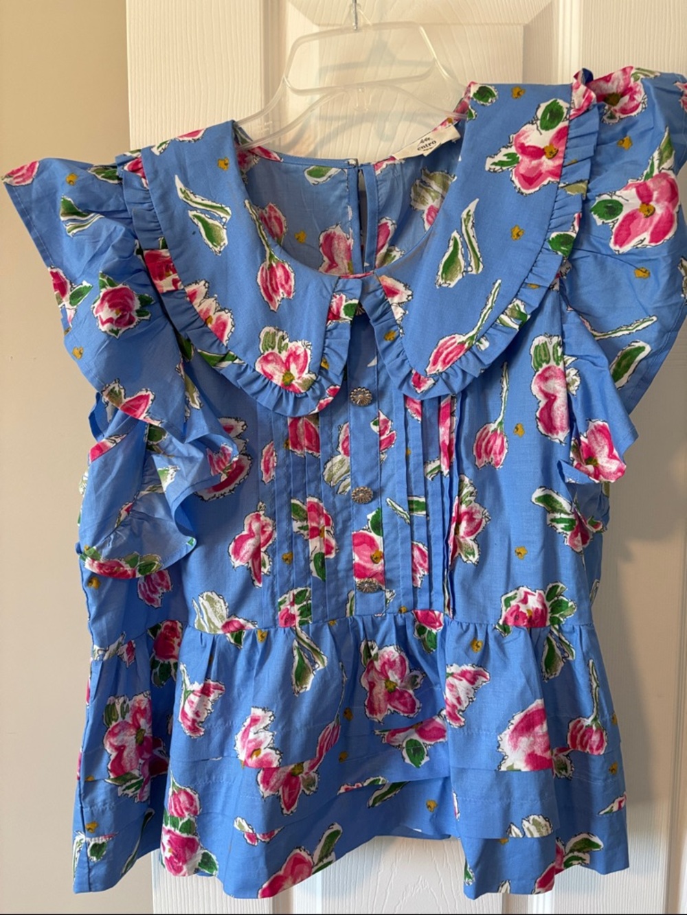 entro Blue Floral Ruffle Sleeve Blouse with Pink & Green Accents